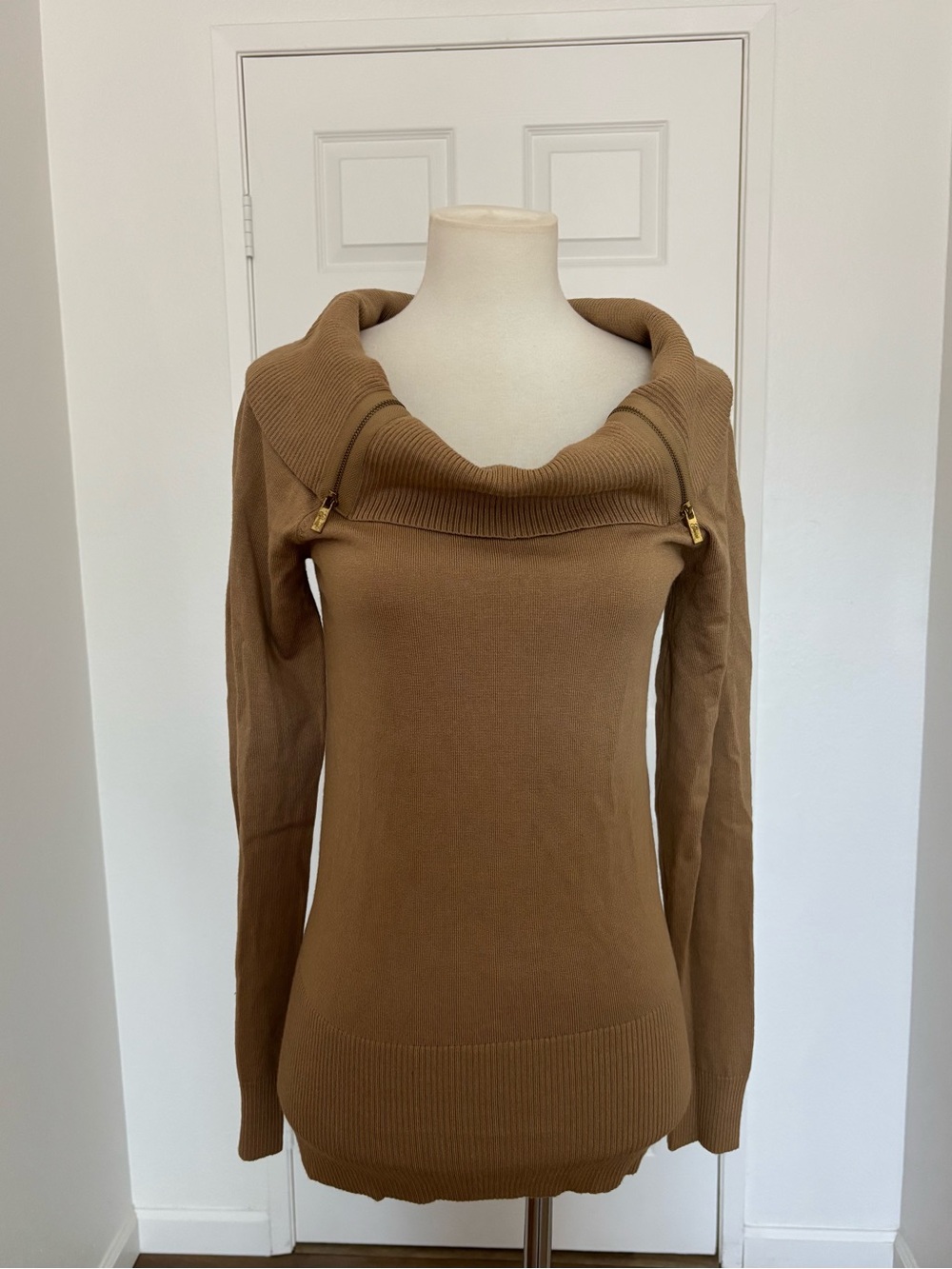 Guess Camel Brown Off-Shoulder Cowl Neck Sweater with Gold Zipper Detail